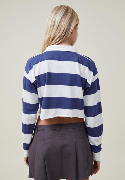 Cotton On - Winona crop polo long sleeve - rugby stripe white & vintage navy