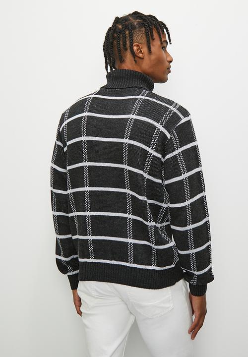 Superbalist - Regular fit check pattern roll neck - charcoal & white