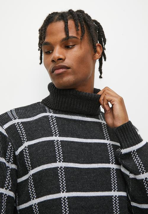 Superbalist - Regular fit check pattern roll neck - charcoal & white