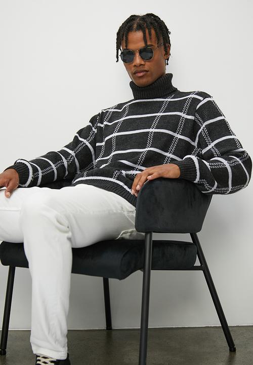 Superbalist - Regular fit check pattern roll neck - charcoal & white