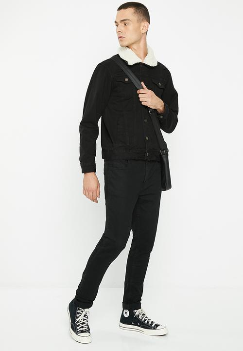 Brave Soul - Larson jacket - black denim/cream borg