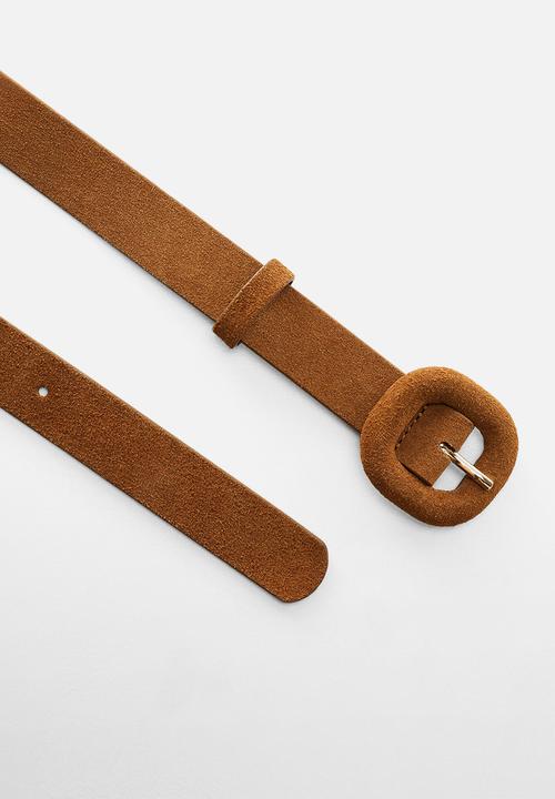 MANGO - Leather belt with square buckle - medium brown