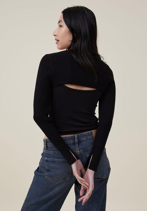 Cotton On - Urban rib fitted ls shrug - black