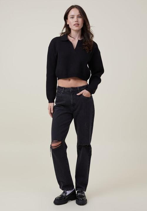 Cotton On - Ls crop polo rugby - black