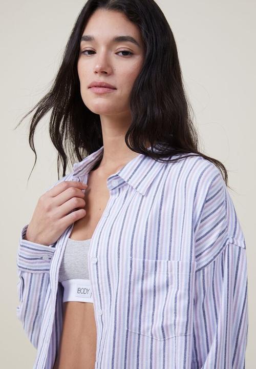 Cotton On - Flannel boyfriend long sleeve shirt - ruby woven stripe