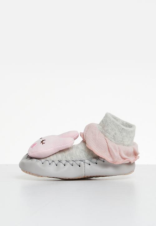 Pop Candy - Faux leather sole socks - grey & pink