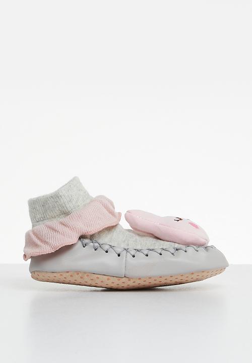 Pop Candy - Faux leather sole socks - grey & pink