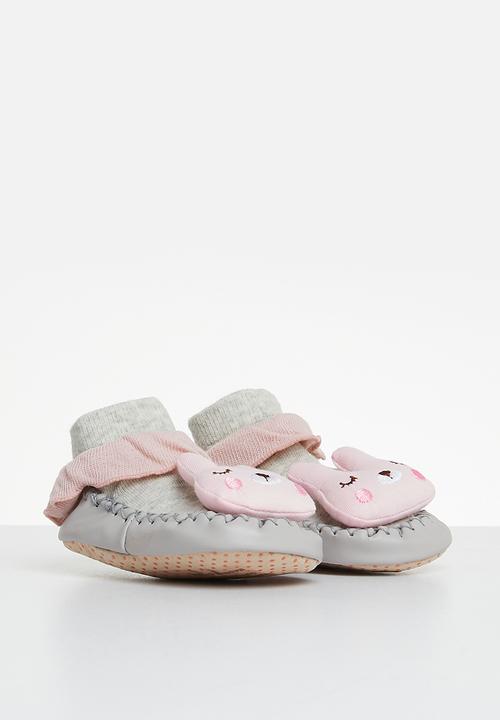 Pop Candy - Faux leather sole socks - grey & pink
