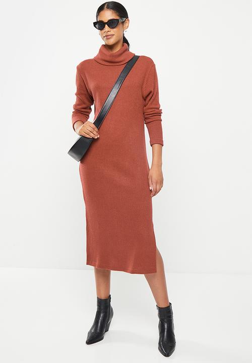 Me&B - Poloneck maxi rib knit dress - tobacco