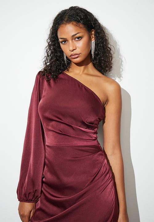 Superbalist - One shoulder balloon sleeve maxi with slit - chocolate truffle