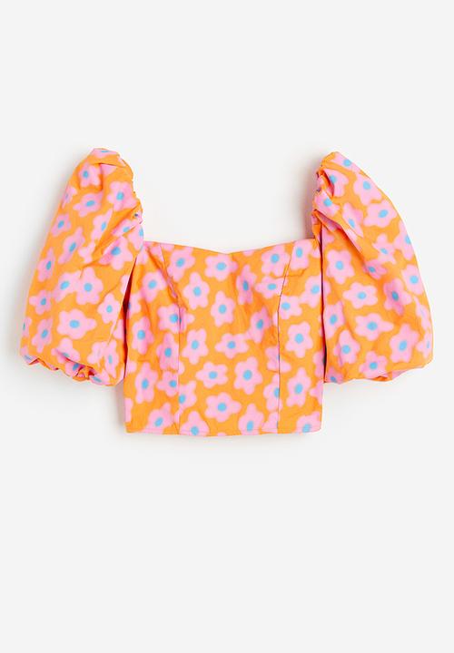 H&M - Puff-sleeved poplin blouse - orange/floral