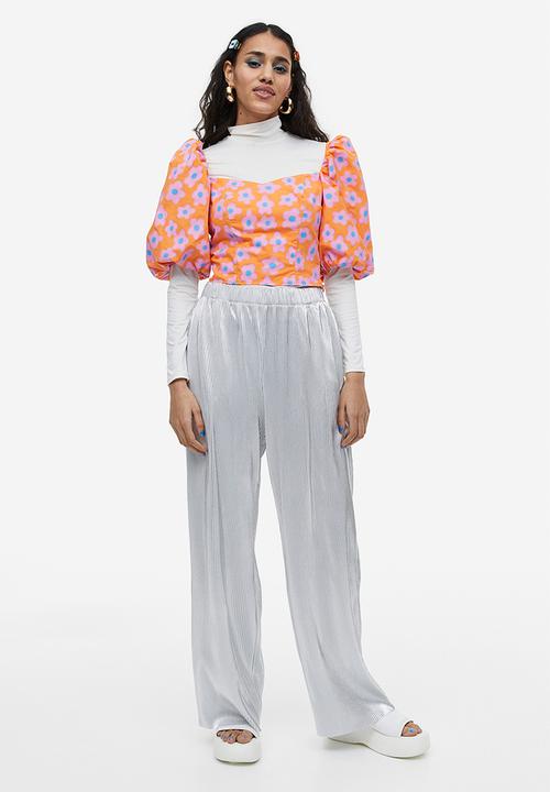 H&M - Puff-sleeved poplin blouse - orange/floral