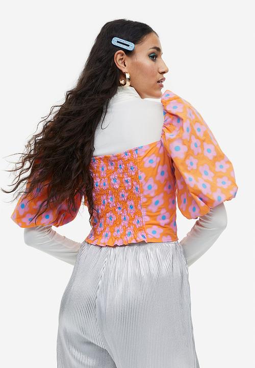 H&M - Puff-sleeved poplin blouse - orange/floral