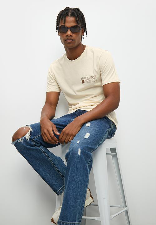 STYLE REPUBLIC - Josh crew neck logo emb tee - ecru