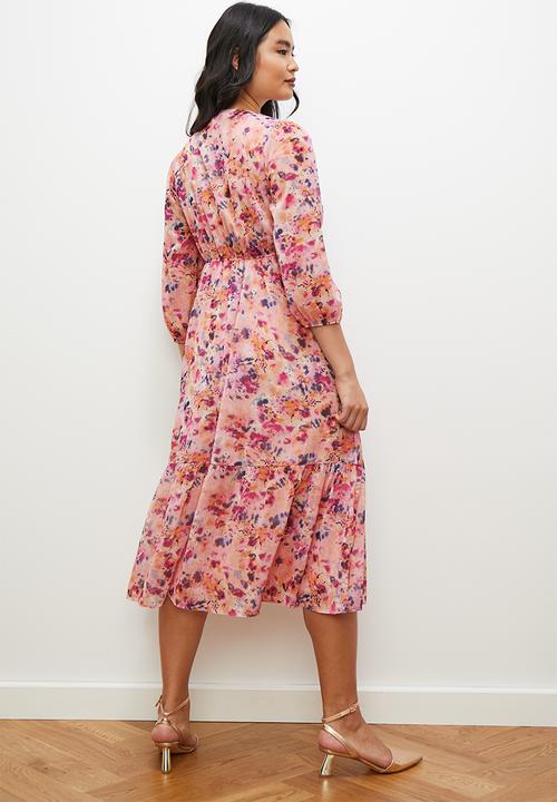 edit - Chiffon fit & flare balloon sleeve midi dress - blush smudge