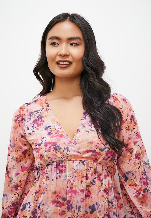edit - Chiffon fit & flare balloon sleeve midi dress - blush smudge