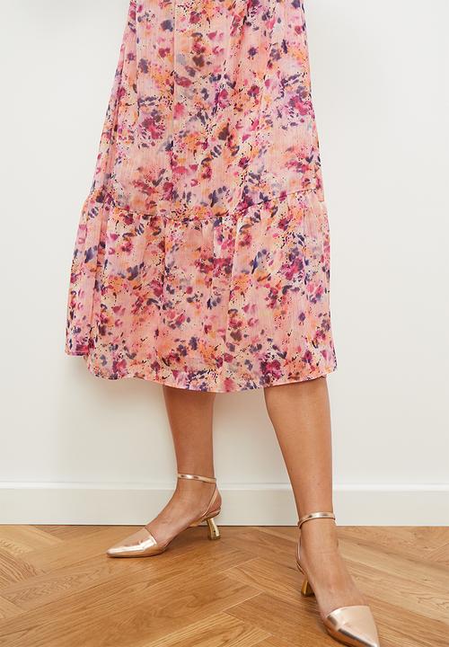 edit - Chiffon fit & flare balloon sleeve midi dress - blush smudge