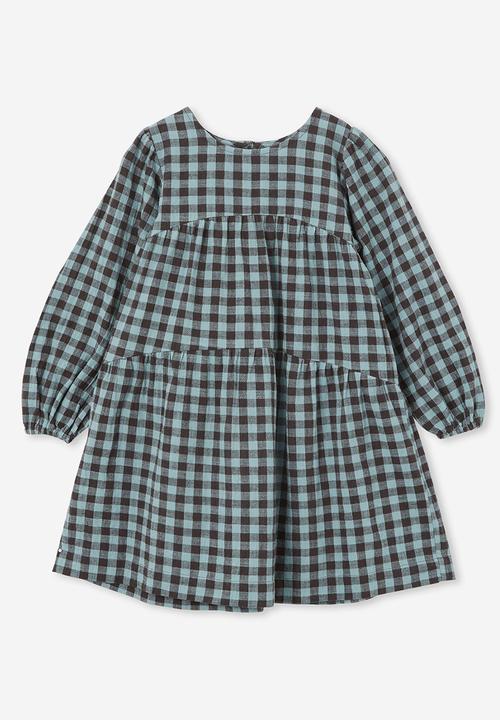 Cotton On - Mila long sleeve dress - dusty aqua gingham