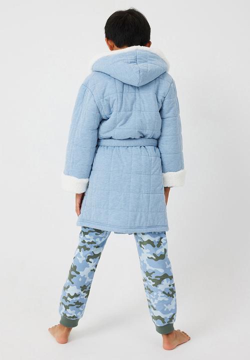Cotton On - Boys hooded long sleeve quilted gown - dusty blue/vanilla contrast