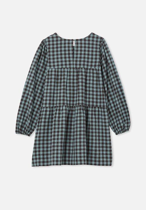 Cotton On - Julia long sleeve dress - dusty aqua gingham