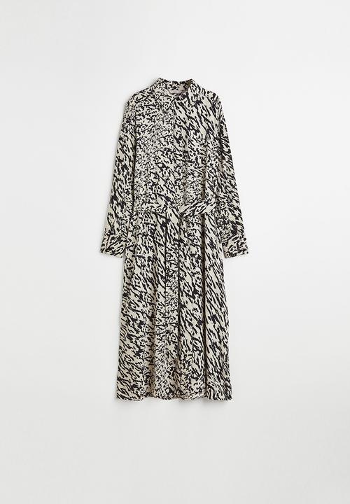 H&M - Tie-belt shirt dress - light beige/patterned