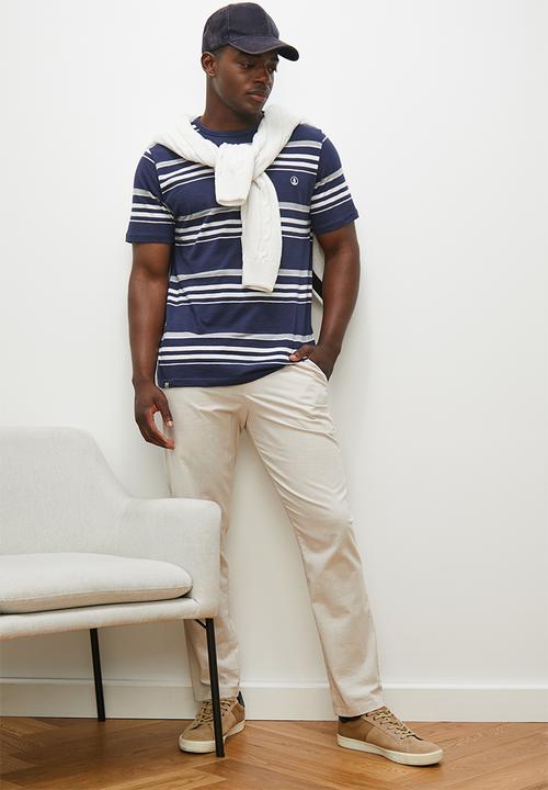 Lark & Crosse - L&c striped crew slub tee - navy & white