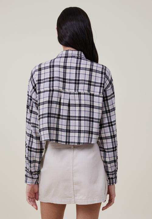 Cotton On - Cropped boyfriend flannel shirt - linda check grey