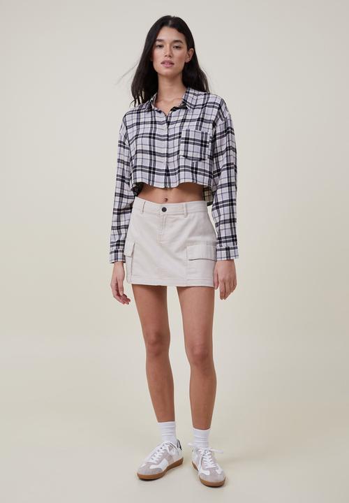Cotton On - Cropped boyfriend flannel shirt - linda check grey
