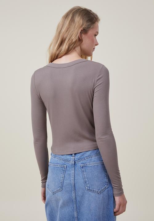 Cotton On - Staple rib crew neck long sleeve top - mocha