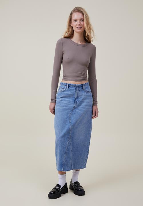 Cotton On - Staple rib crew neck long sleeve top - mocha