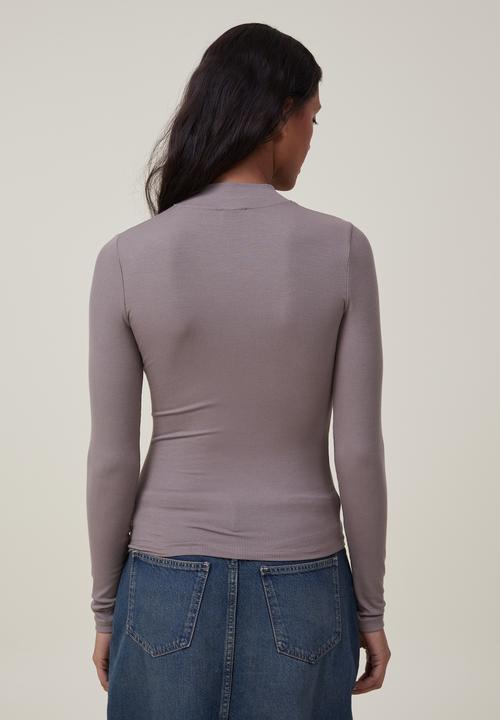 Cotton On - Staple rib mock neck long sleeve top - mocha