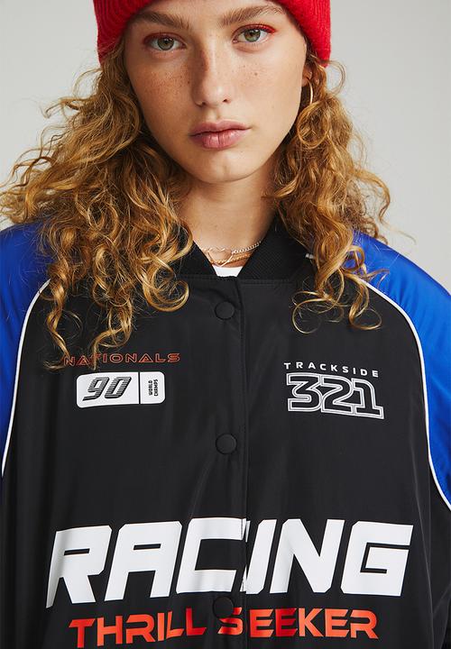 H&M - Oversized printed bomber jacket - black/bright blue