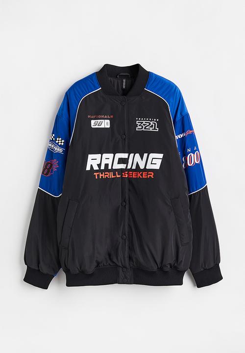 H&M - Oversized printed bomber jacket - black/bright blue