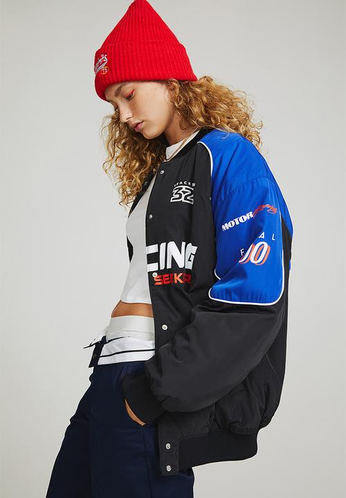 H&M - Oversized printed bomber jacket - black/bright blue
