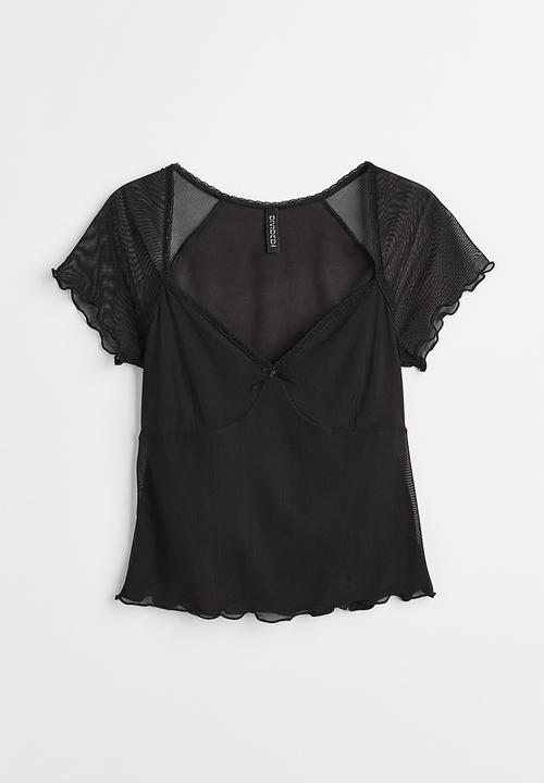 H&M - Lace-trimmed mesh top - black