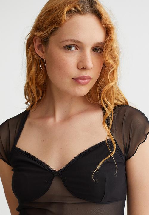 H&M - Lace-trimmed mesh top - black