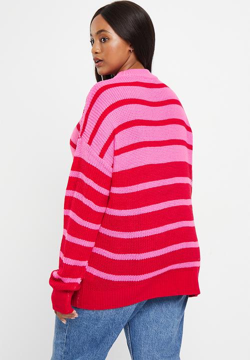 Me&B - Plus Stripe longer length jumper - pink & red