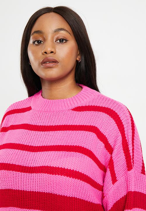 Me&B - Plus Stripe longer length jumper - pink & red