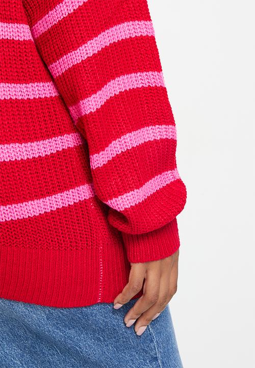 Me&B - Plus Stripe longer length jumper - pink & red