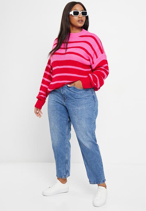 Me&B - Plus Stripe longer length jumper - pink & red