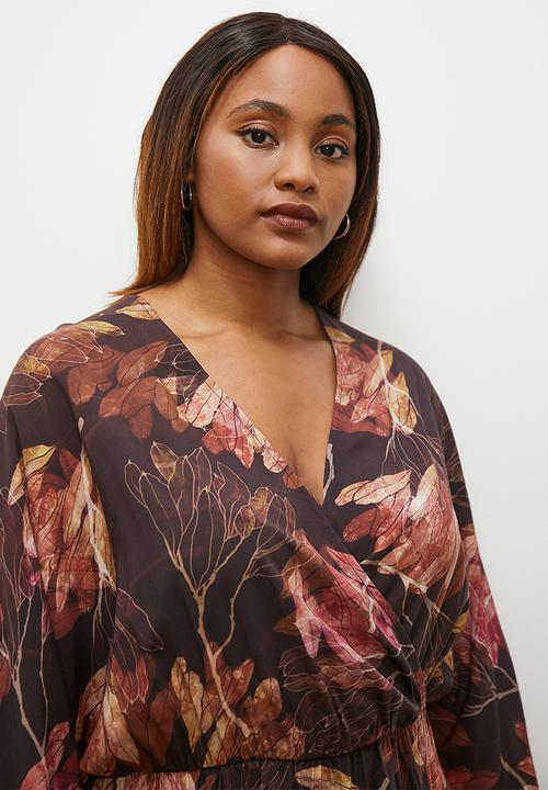 edit Plus - Dolman sleeve sot waist midi dress - autumn leaves