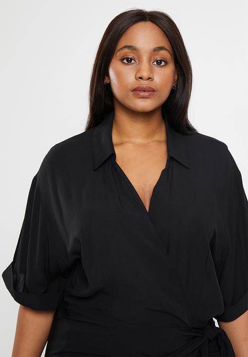 Me&B - Plus relaxed wrap shirt dress - black