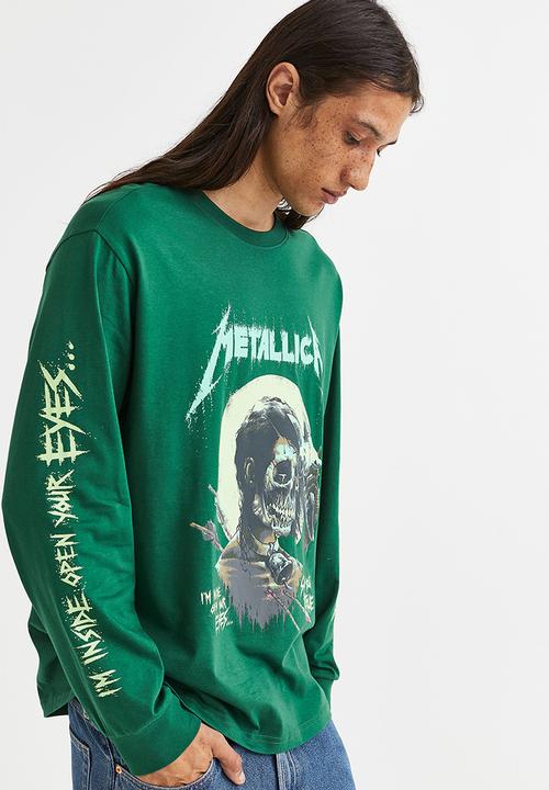 H&M - Relaxed fit printed jersey top - dark green/metallica