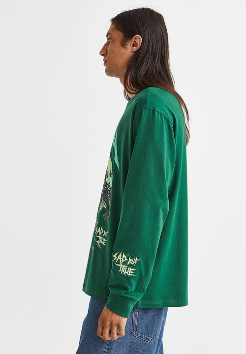 H&M - Relaxed fit printed jersey top - dark green/metallica