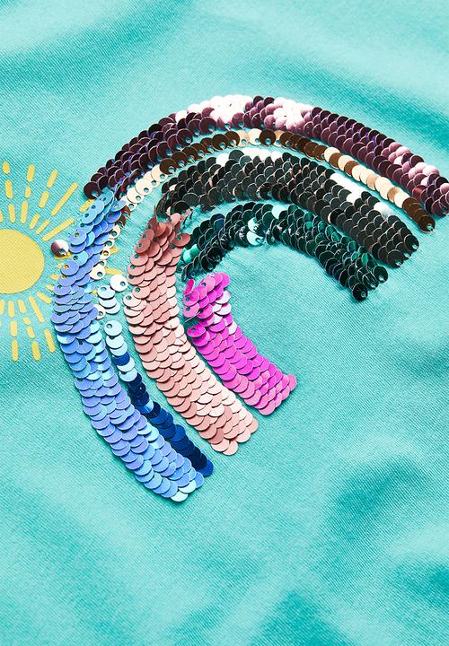 H&M - Reversible sequin-motif T-shirt - turquoise/rainbow