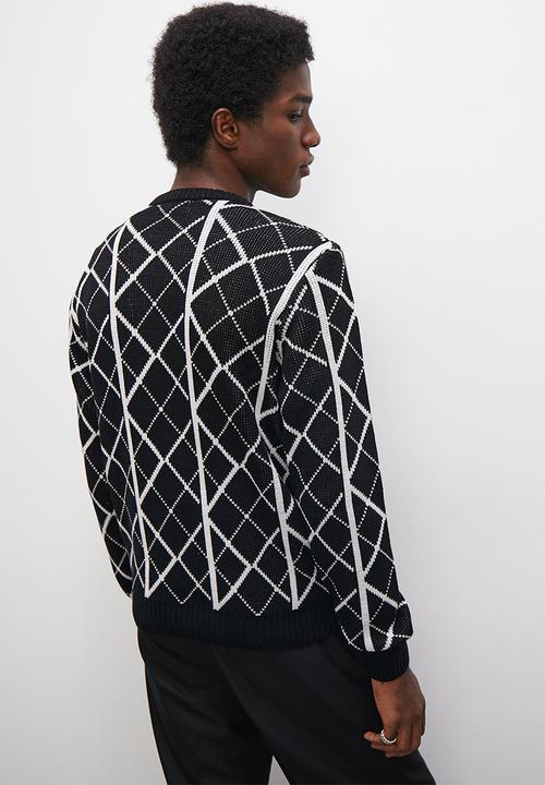 Superbalist - Regular fit diamond pattern crew neck - black & white