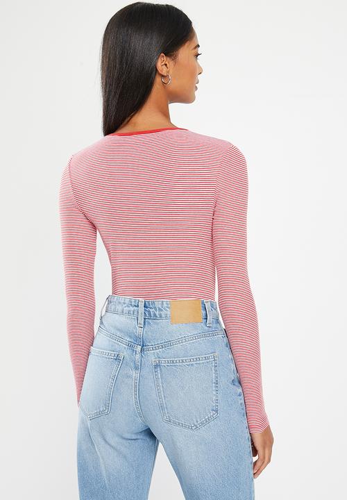 Cotton On - The one organic rib crew long sleeve top - mini stripe red/white 