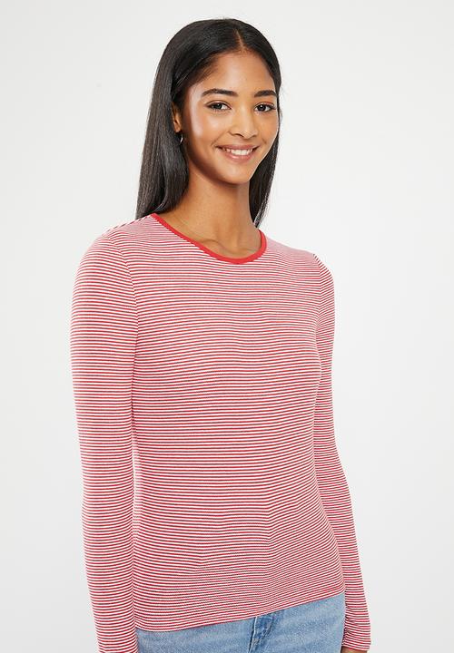Cotton On - The one organic rib crew long sleeve top - mini stripe red/white 