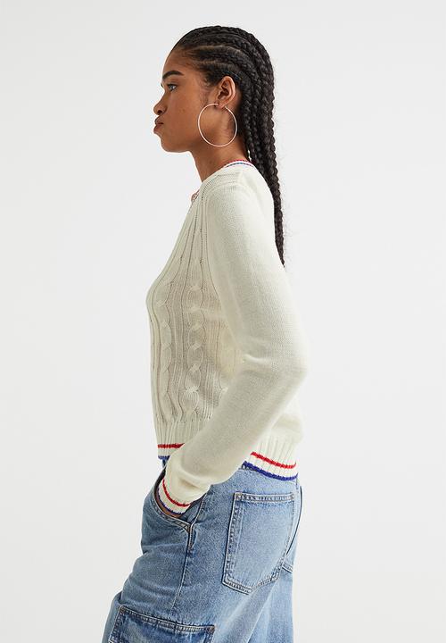 H&M - V-neck cable-knit jumper - cream/bright blue