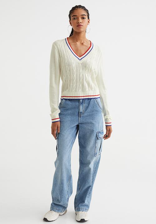 H&M - V-neck cable-knit jumper - cream/bright blue
